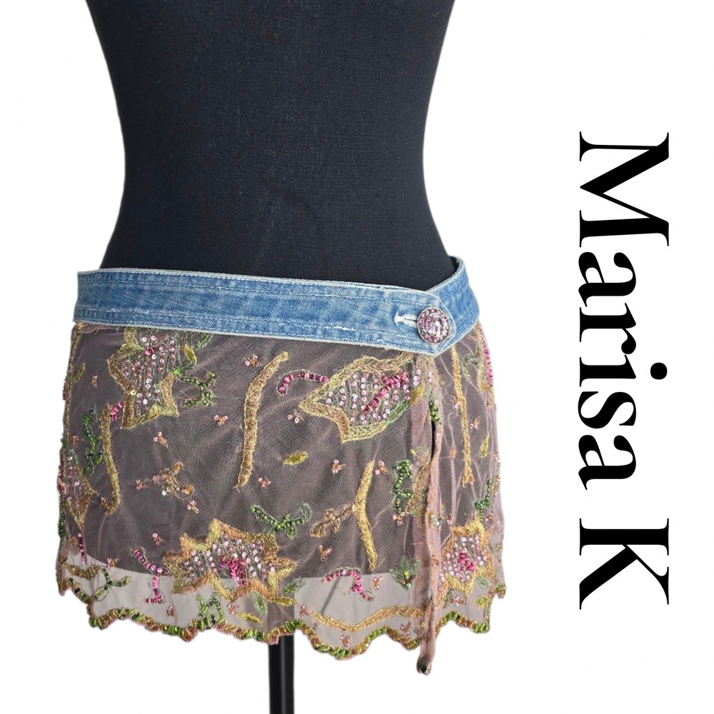 Marisa K Mini Skirt Wrap M Blue Denim Belt Mesh Sequin Beaded Boho Y2K Festival